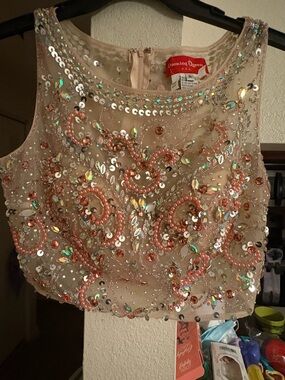 Dancing Queen Nude Beaded Sequin Crop Top with Pink Accents
